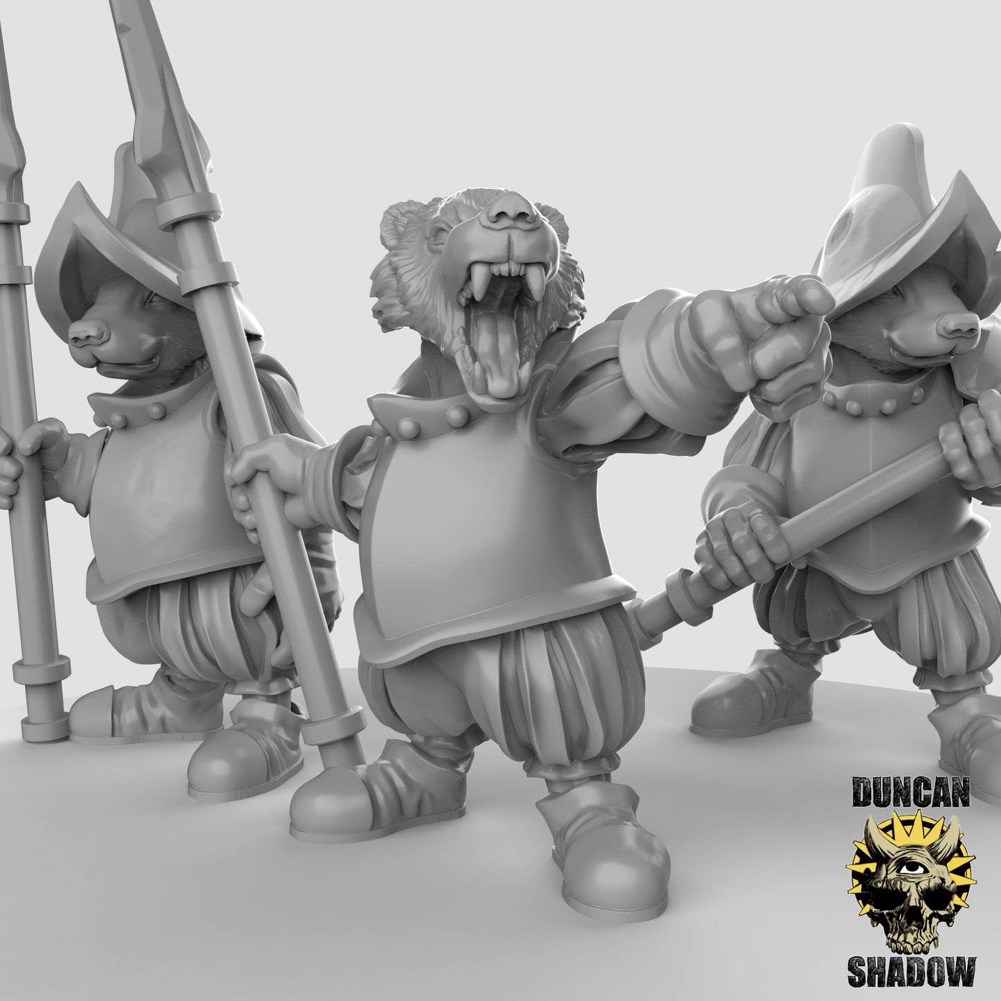 Badgerfolk fantasy warrior miniatures, 3D printed for tabletop RPGs and wargaming. Perfect for creating immersive character battles.