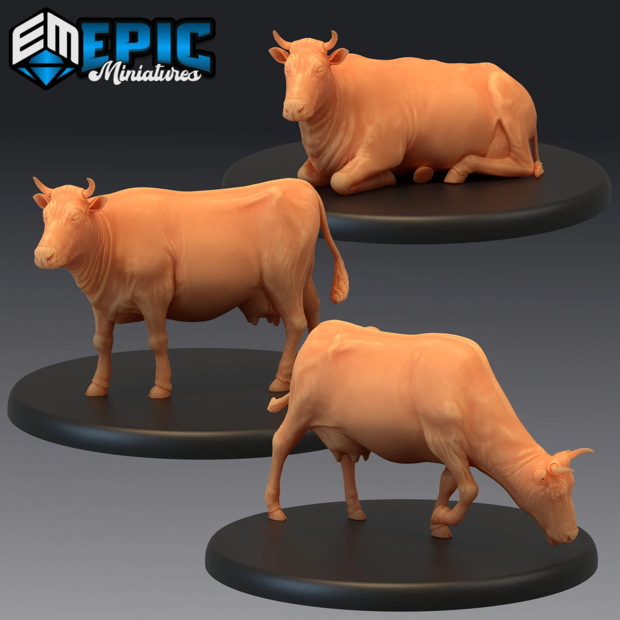Cow Miniature | Set of 3 - Tabletop RPG & D&D miniature. Perfect for wargaming & collectors