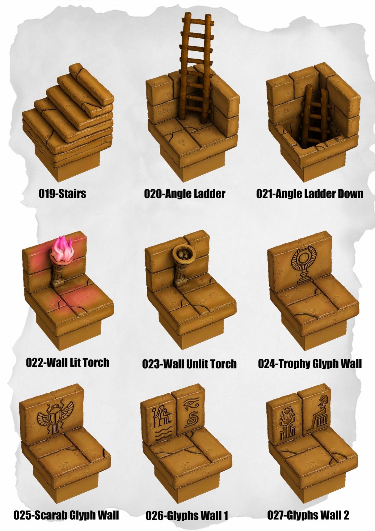 Desert Tiles Stairs & Symbol Walls Pack (ET 019 to ET 027) | Set of 9 - Tabletop RPG & D&D miniature. Perfect for wargaming & collectors