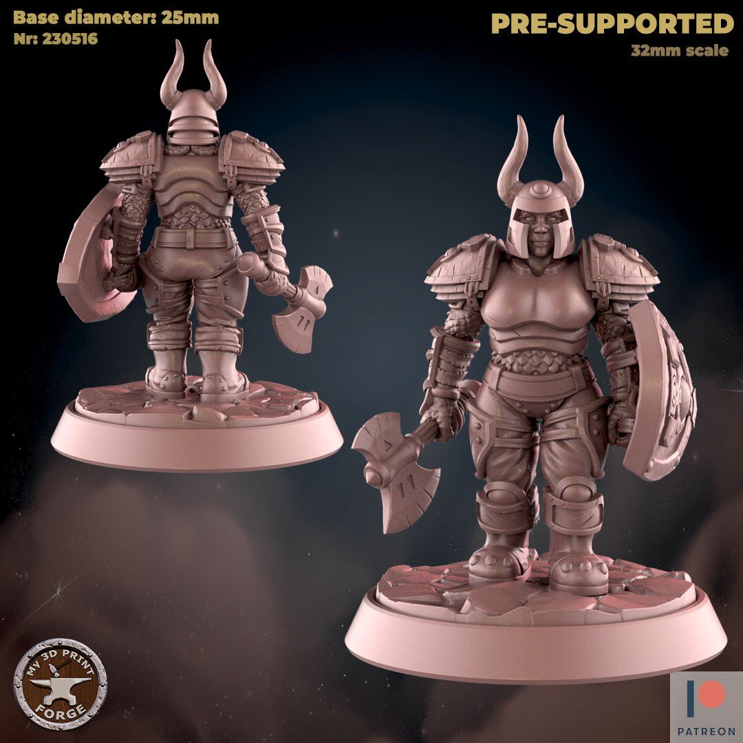 Female Armoured Dwarf Warrior Miniature | right Dwarf - Tabletop RPG & D&D miniature. Perfect for wargaming & collectors
