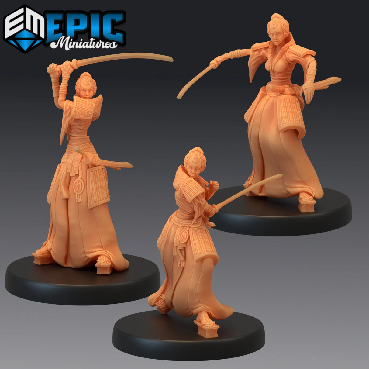 Female Samurai Miniature | Set of 3 - Tabletop RPG & D&D miniature. Perfect for wargaming & collectors