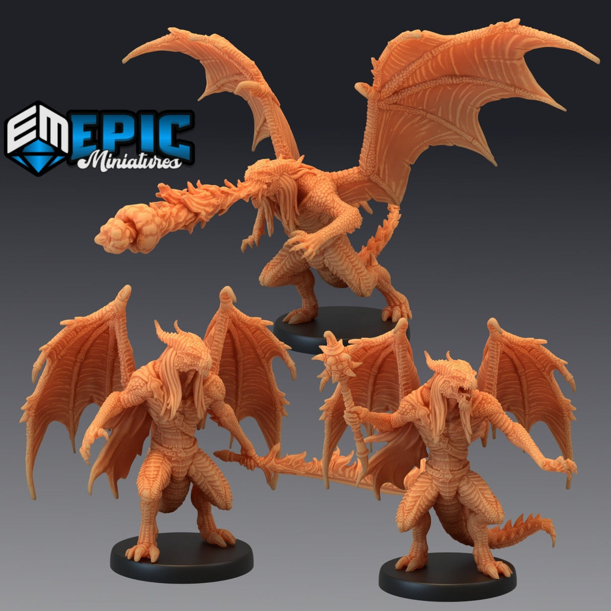 Fire Draconic Demon Miniature | Set of 3 - Tabletop RPG & D&D miniature. Perfect for wargaming & collectors