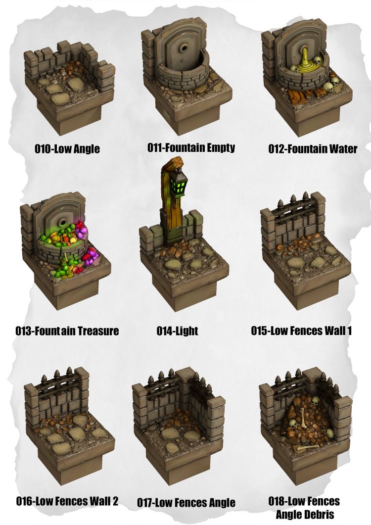 Graveyard Tiles Low Angle, Fountains & Fence Starter (HG 010 to HG 018) | Set of 9 - Tabletop RPG & D&D miniature. Perfect for wargaming & collectors