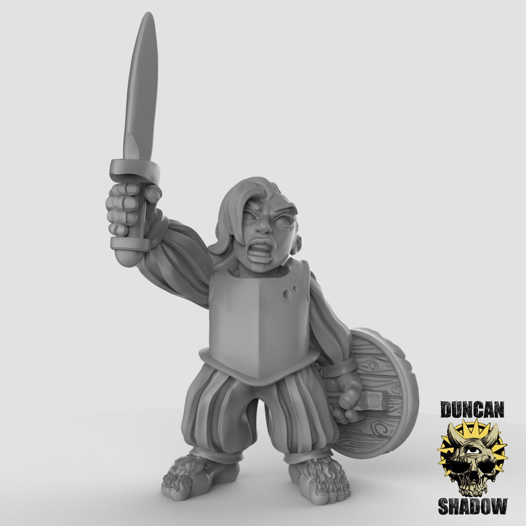 female Halfling Fighter Miniature | B - Tabletop RPG & D&D miniature. Perfect for wargaming & collectors