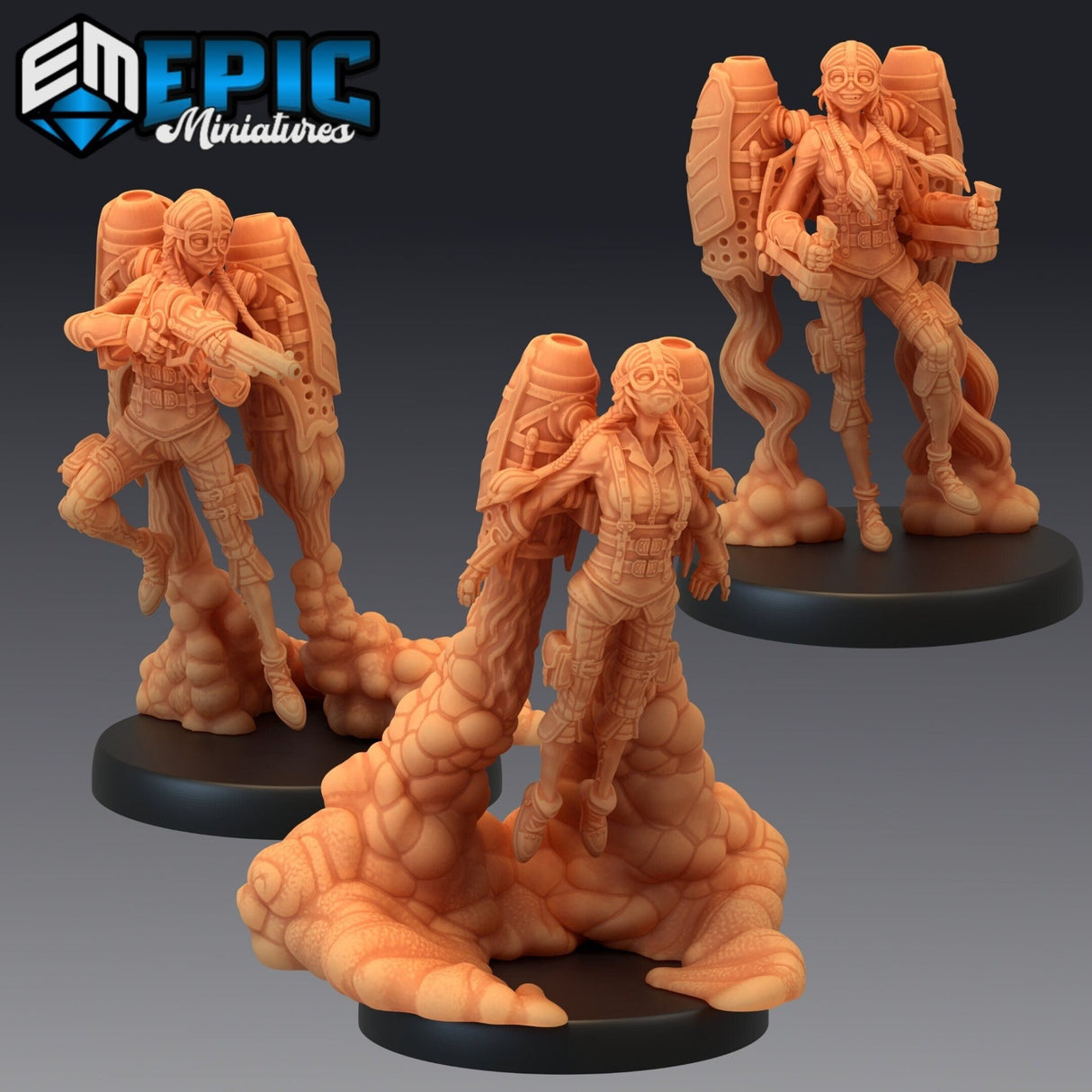 Jetpack Girl Miniature | Set of 3 - Tabletop RPG & D&D miniature. Perfect for wargaming & collectors