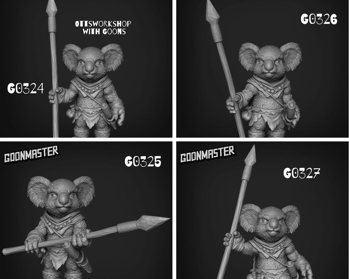 Koala Folk Spearmen Miniature | set of 4 - Tabletop RPG & D&D miniature. Perfect for wargaming & collectors
