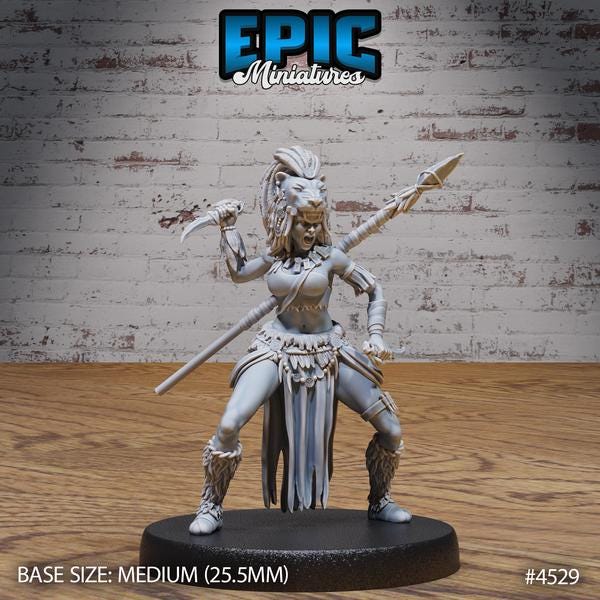 Lion Huntress, Jungle Fighter, Tribal Woman Miniature | 4529 - Tabletop RPG & D&D miniature. Perfect for wargaming & collectors