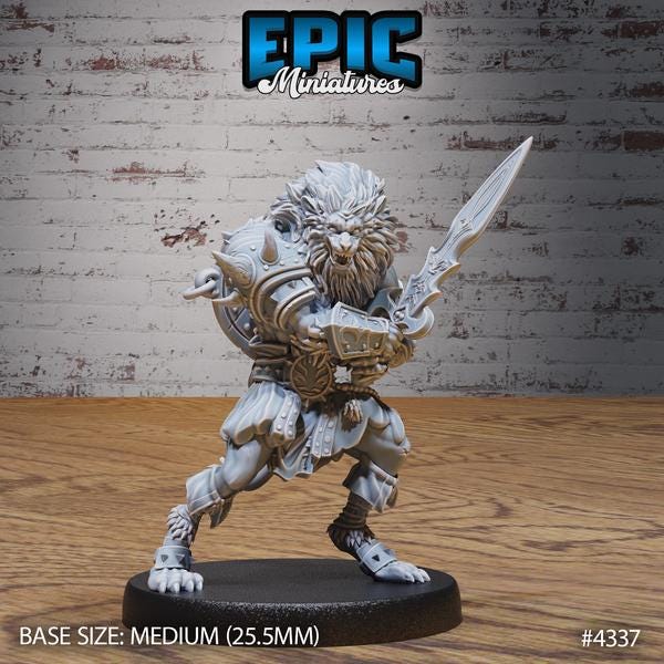 LionFolk Gladiator Miniature | 4337 - Tabletop RPG & D&D miniature. Perfect for wargaming & collectors