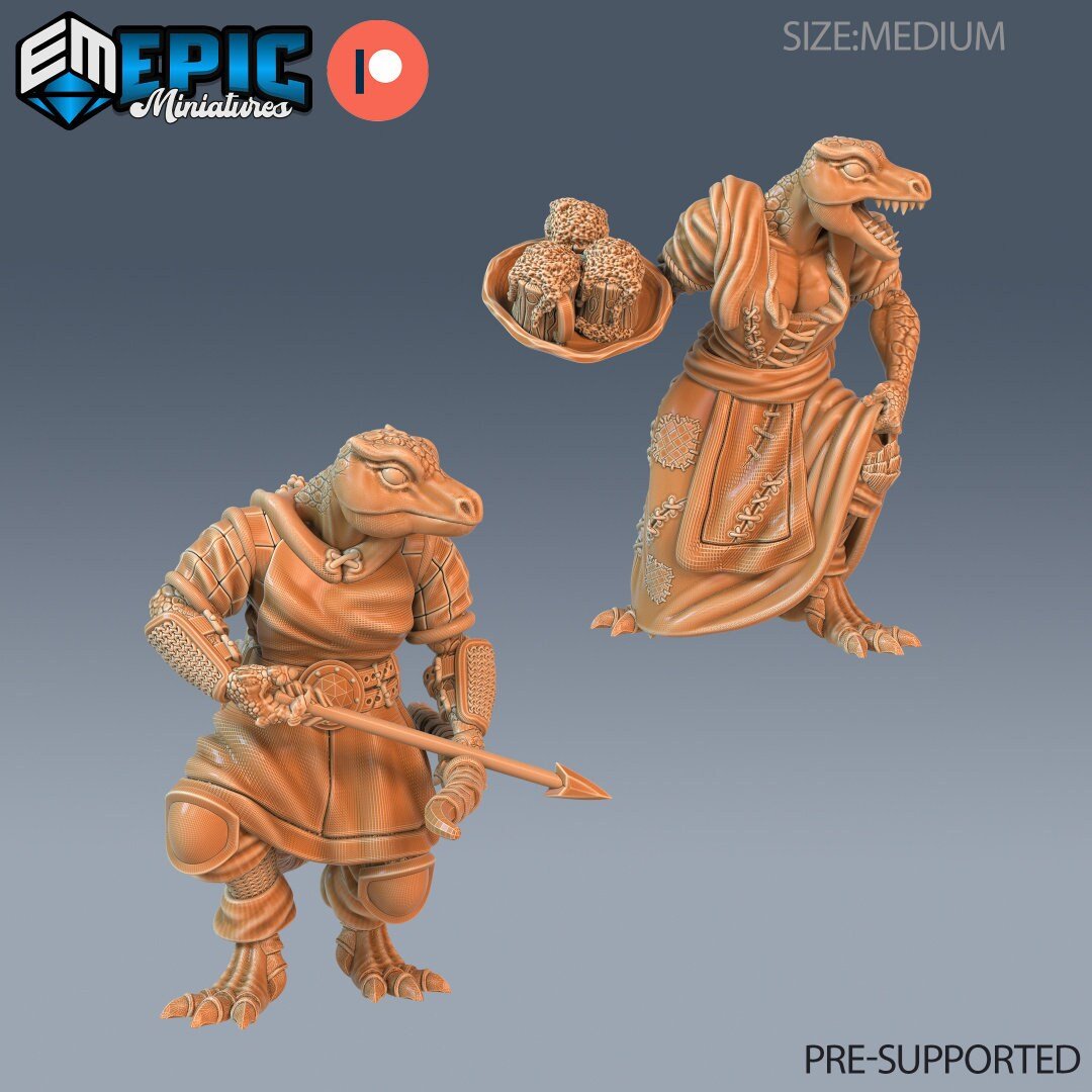 Lizard Folk barmaid and hunter Miniature | Set of 2 - Tabletop RPG & D&D miniature. Perfect for wargaming & collectors
