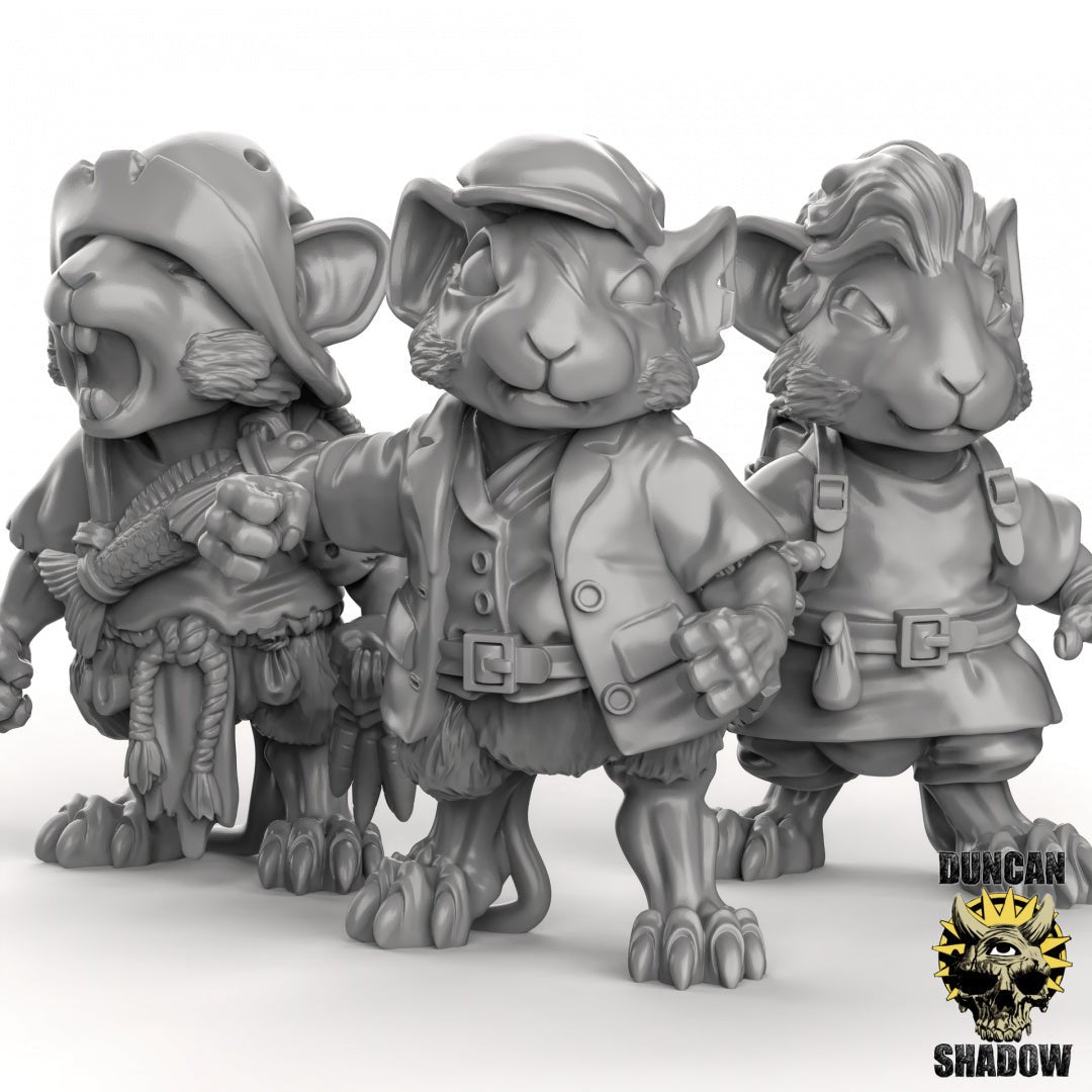 Mouse folk Villager Miniature | Set of 3 - Tabletop RPG & D&D miniature. Perfect for wargaming & collectors