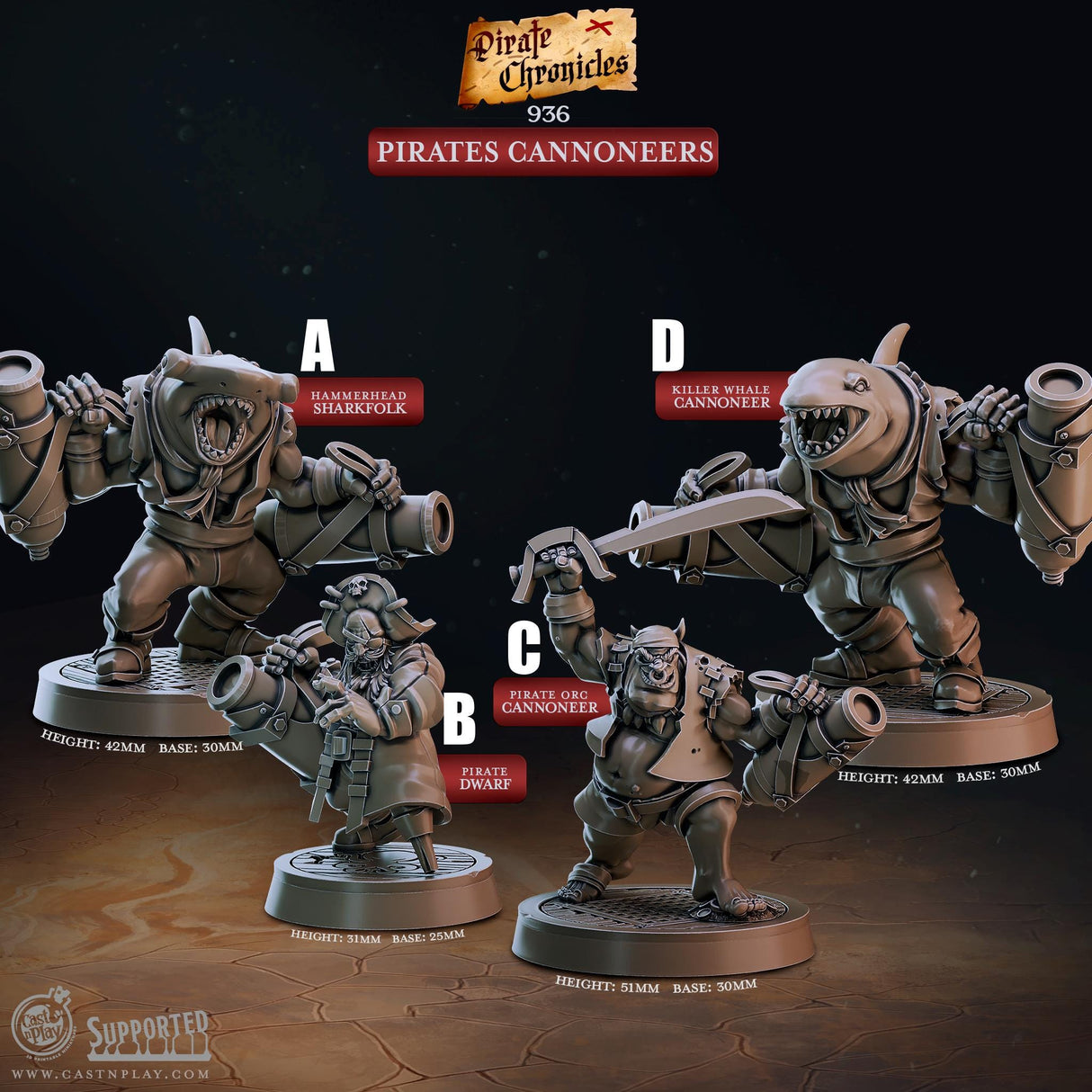 Pirate Cannoneers Miniature | Pirate A - Tabletop RPG & D&D miniature. Perfect for wargaming & collectors