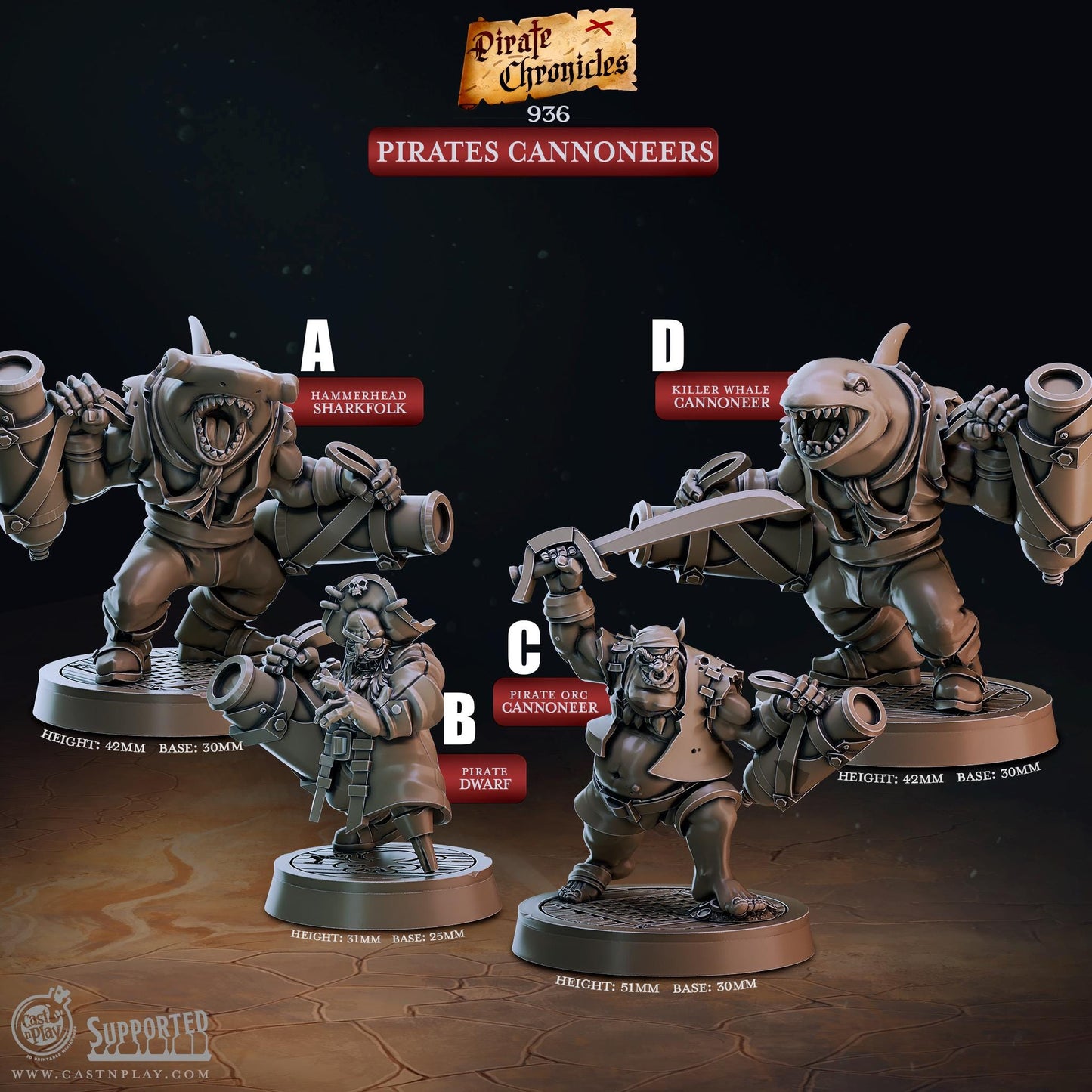 Pirate Cannoneers Miniature - Pirate A - 32mm