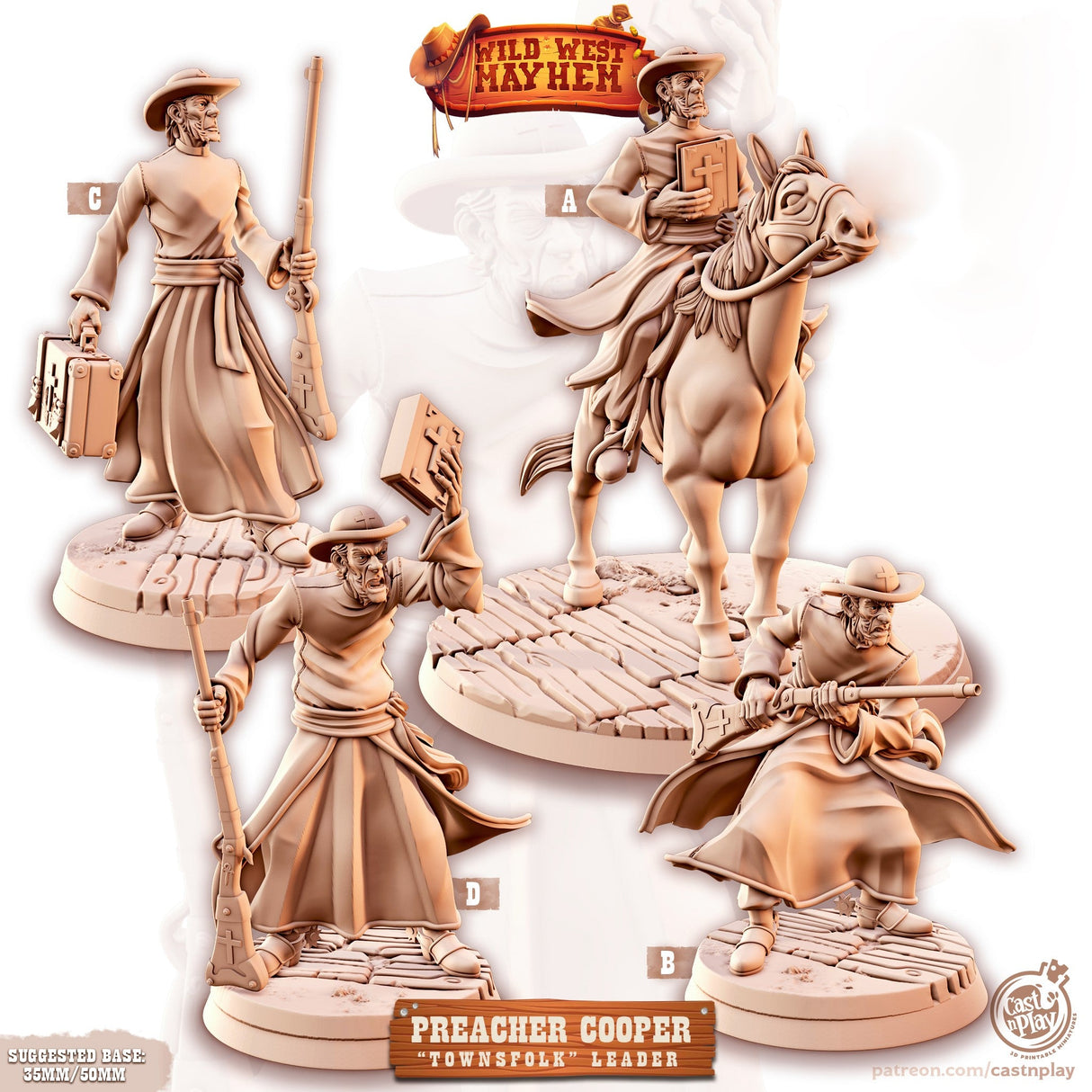 Preacher Cooper Wild West Cleric Miniature | Set of 4 - Tabletop RPG & D&D miniature. Perfect for wargaming & collectors