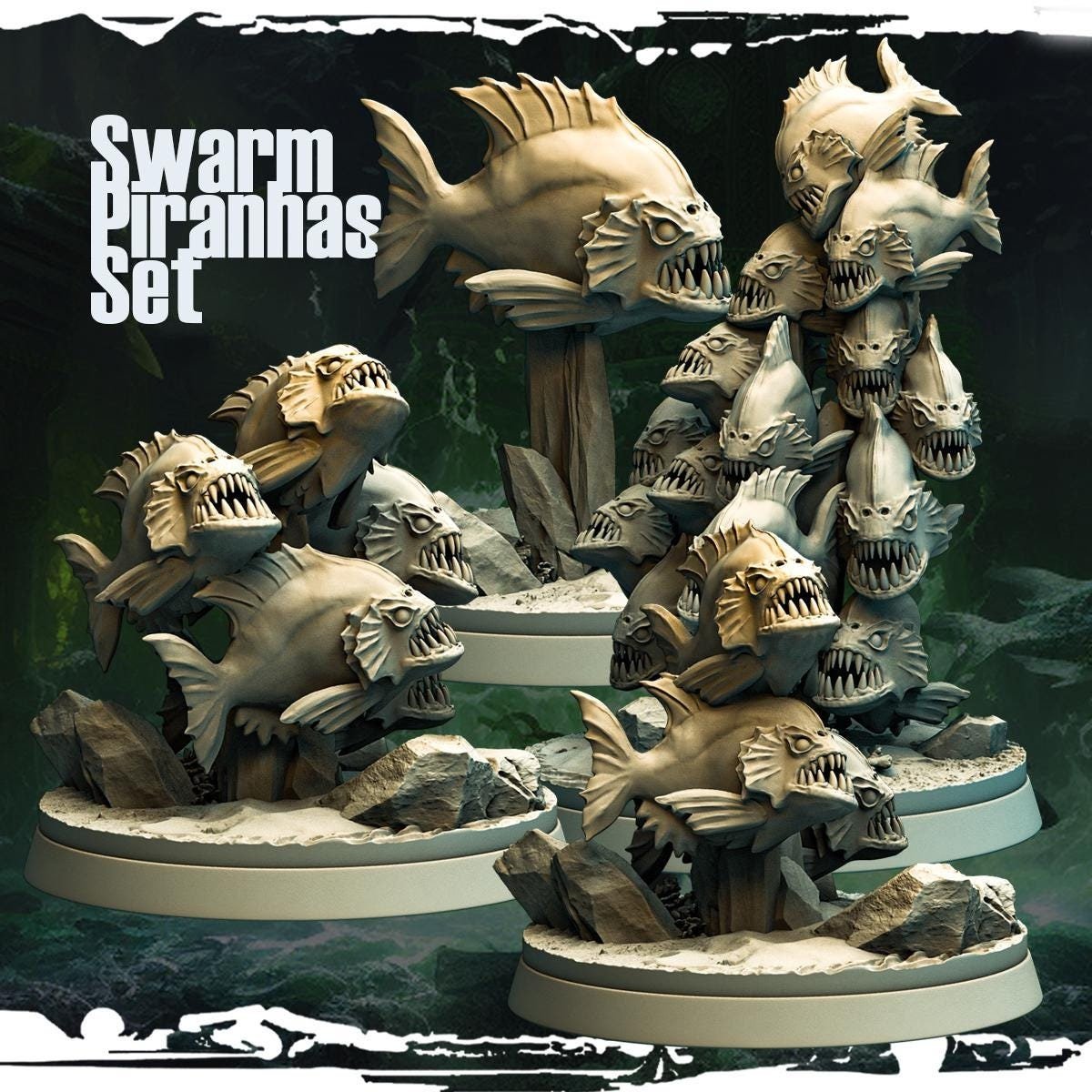 Swarm Piranhas Miniature | Full Set All Models - Tabletop RPG & D&D miniature. Perfect for wargaming & collectors