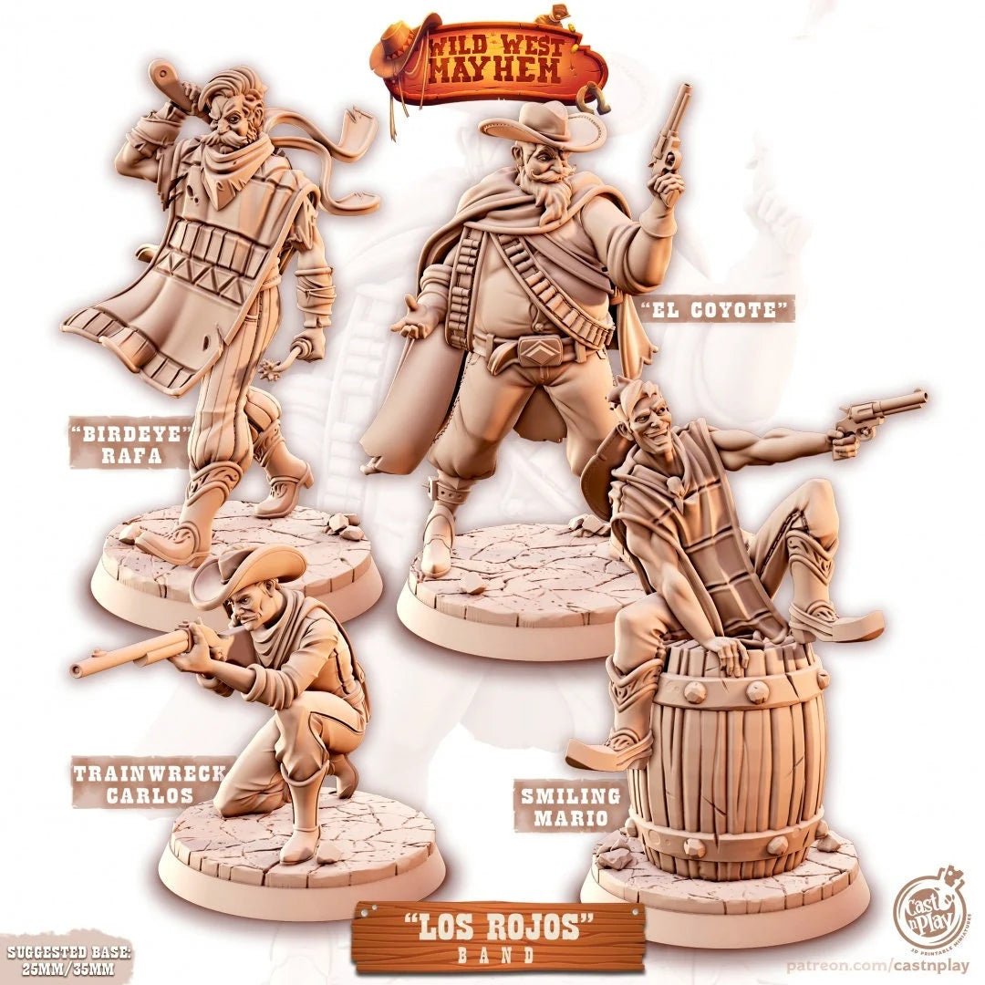 The Cowboy Rojos Band Mexican Outlaw Miniature | Set of 4 - Tabletop RPG & D&D miniature. Perfect for wargaming & collectors