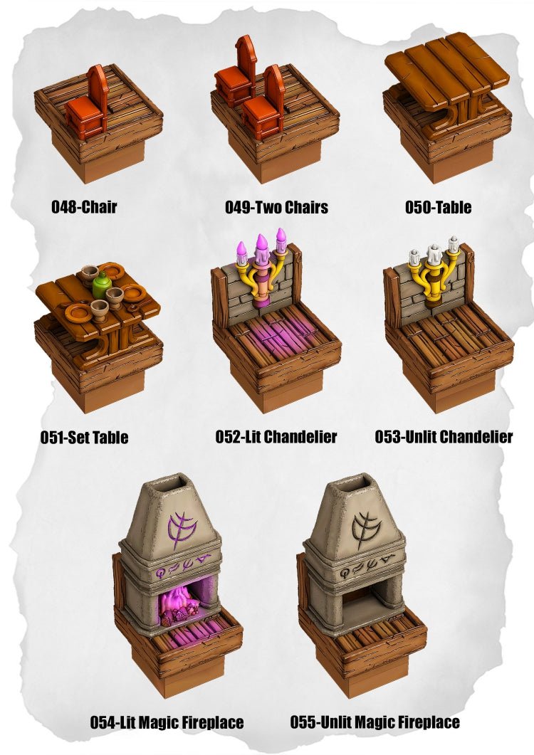 Town Tiles Dining & Fireplace (MT2 048 to MT2 055) | Set of 8 - Tabletop RPG & D&D miniature. Perfect for wargaming & collectors