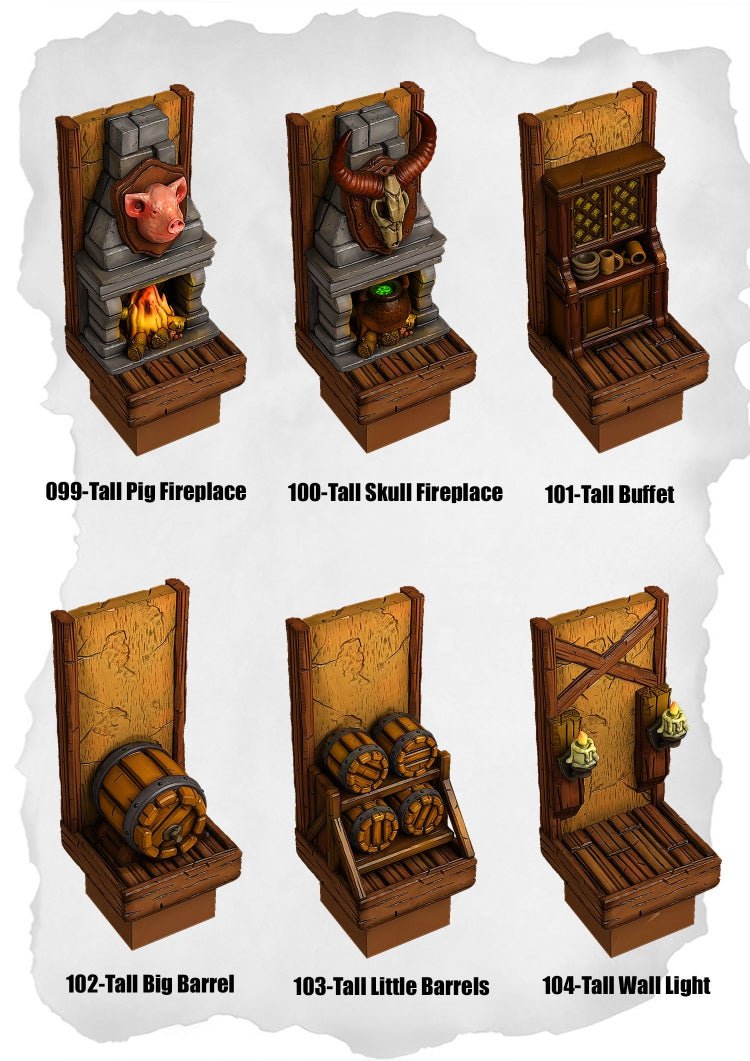 Town Tiles Fireplaces, Buffet & Barrels Pack (MT1 099 to MT1 104) | Set of 6 - Tabletop RPG & D&D miniature. Perfect for wargaming & collectors