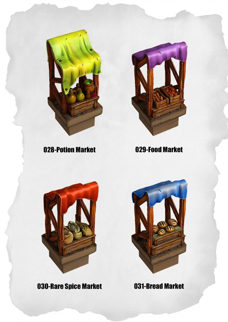 Town Tiles Market Stalls Pack (MT1 028 to MT1 031) | Set of 4 - Tabletop RPG & D&D miniature. Perfect for wargaming & collectors