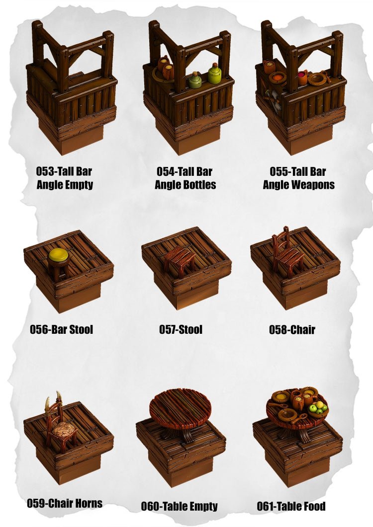 Town Tiles Tavern Accessory Pack (MT1 053 to MT1 061) | Set of 9 - Tabletop RPG & D&D miniature. Perfect for wargaming & collectors