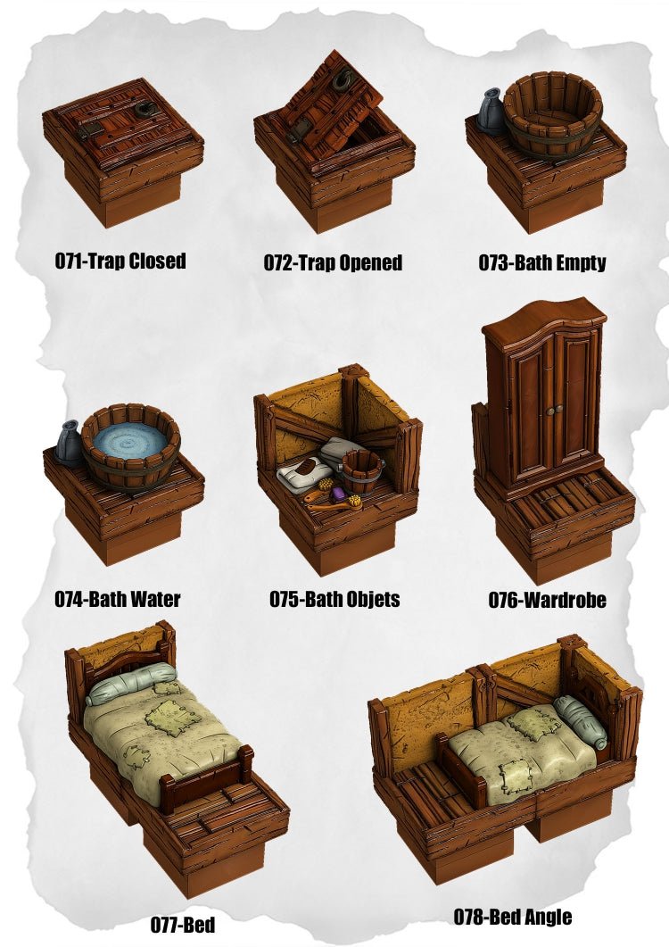 Town Tiles Traps, Baths & Beds Pack (MT1 071 to MT1 078) | Set of 8 - Tabletop RPG & D&D miniature. Perfect for wargaming & collectors