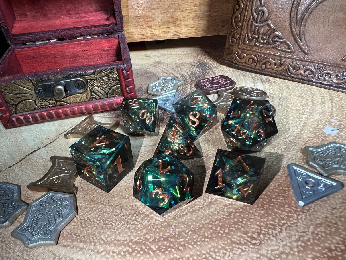 Solid Black And Green Sharp Dice, Bring Your Adventures To | - Tabletop RPG & D&D miniature. Perfect for wargaming & collectors