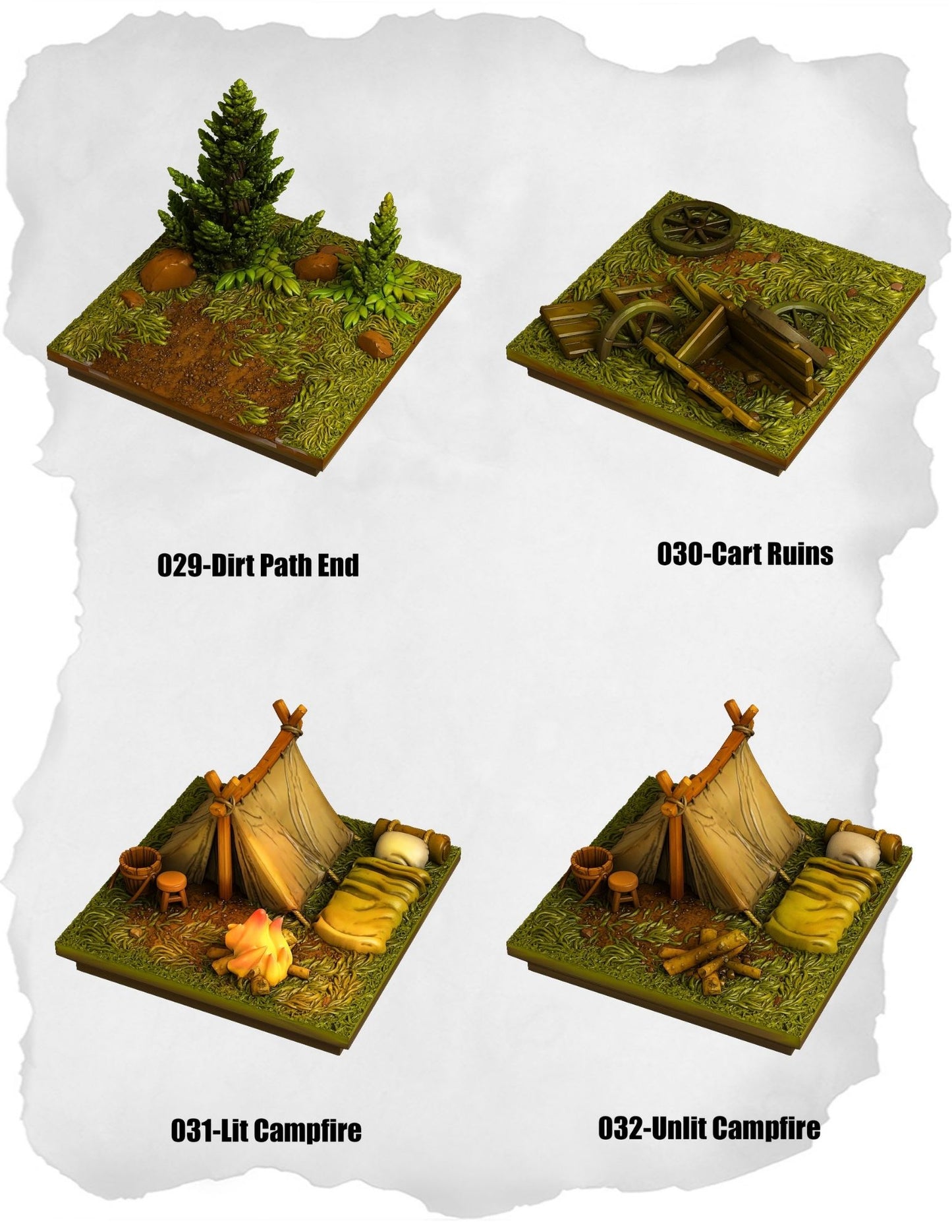 Highland Tiles – Dirt Path End & Campfire Pack (MH-029 to MH-032)