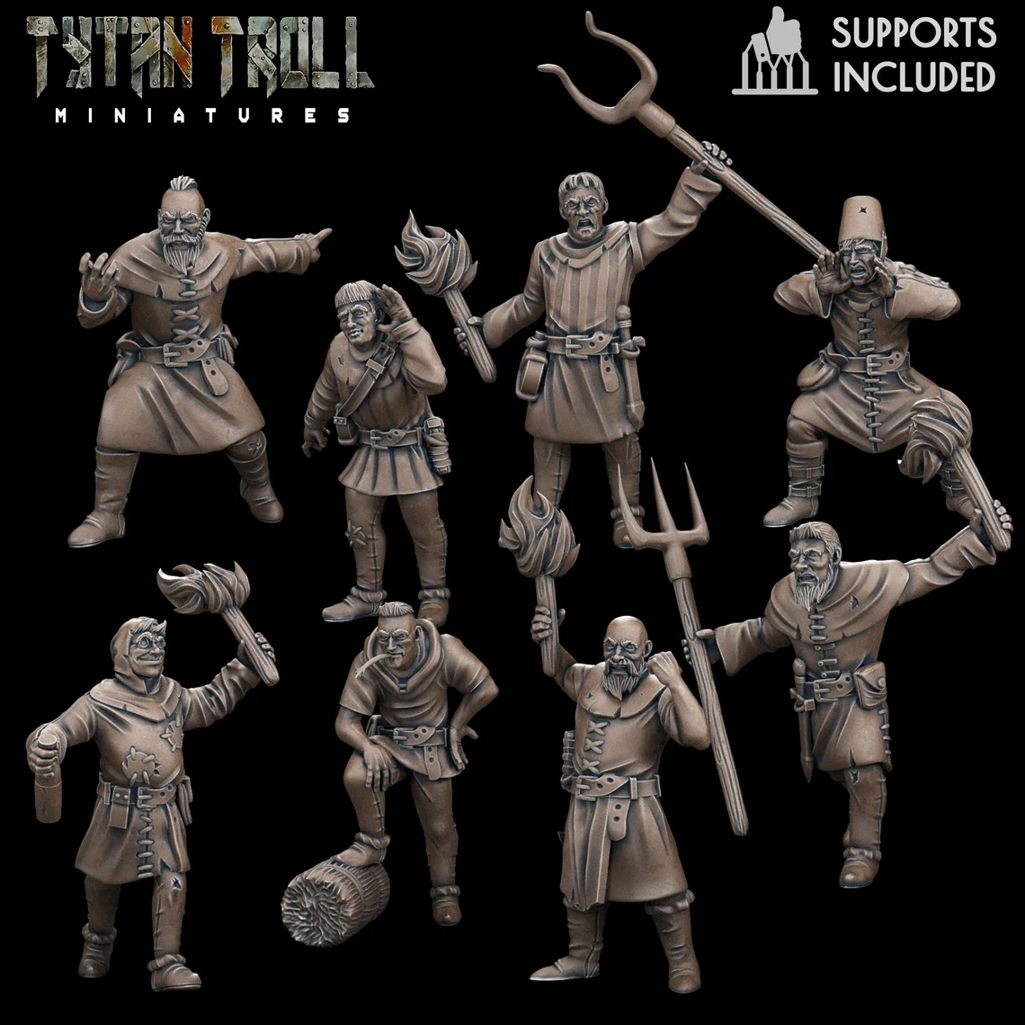 Fantasy NPC villager miniatures, 3D printed for tabletop RPGs and wargaming. Great for populating towns, markets, and rural settings.