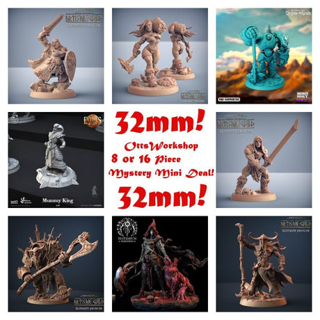 8 or 16 Piece Mystery Piece Miniature | Random Selection (16 Models) 32mm scale - Tabletop RPG & D&D miniature. Perfect for wargaming & collectors