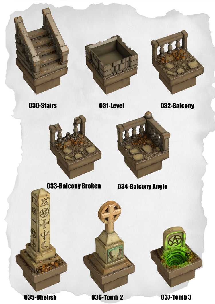 Graveyard Tiles – Stairs, Levels, Balcony & Tombs Pack (HG-030 to HG-037)
