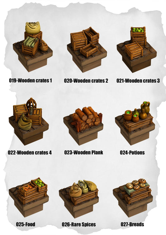 Town Tiles – Storage & Market Goods Pack (MT1-019 to MT1-027)