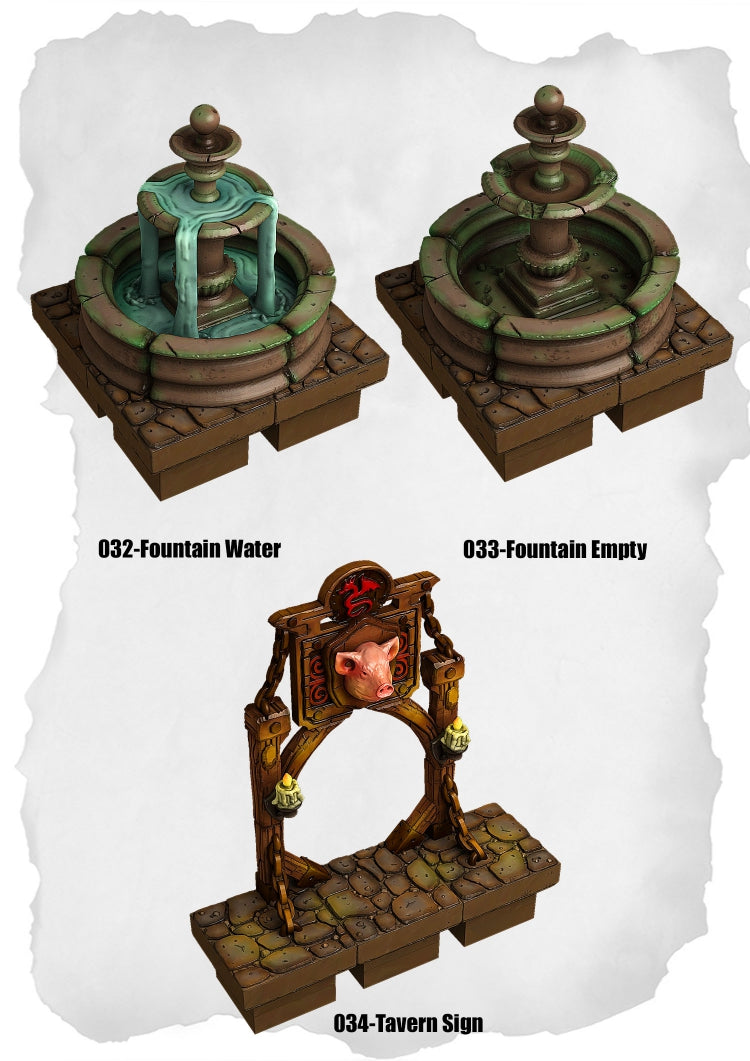 Town Tiles – Fountain & Sign Pack (MT1-032 to MT1-034)