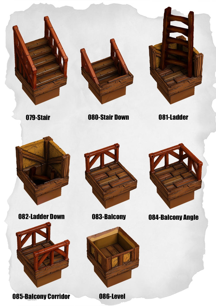 Town Tiles – Stairs, Ladders & Balcony Pack (MT1-079 to MT1-086)