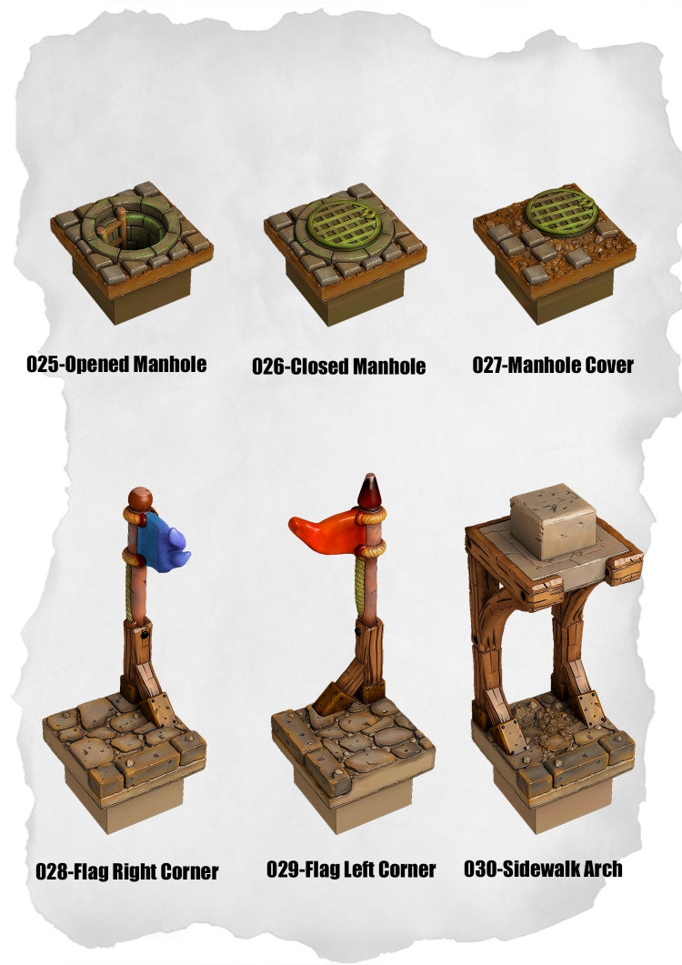 Town Tiles – Manholes & Flag Corner Pack (MT2-025 to MT2-030)