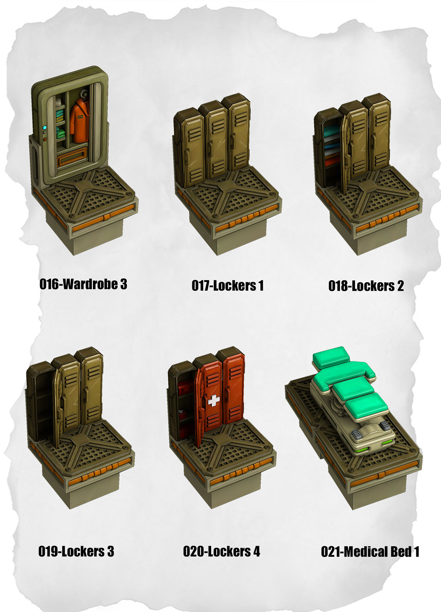 Sci-Fi Tiles – Lockers & Medical Pack (IS-016 to IS-021)