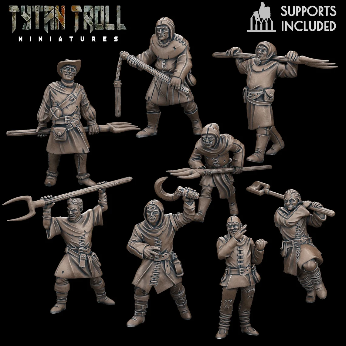3D printed townsfolk miniatures for fantasy RPGs and D&D. Realistic villagers including merchants, farmers, and commoners.
