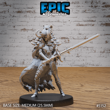 Boar Coat Warrior Lady Miniature | C - Tabletop RPG & D&D miniature. Perfect for wargaming & collectors