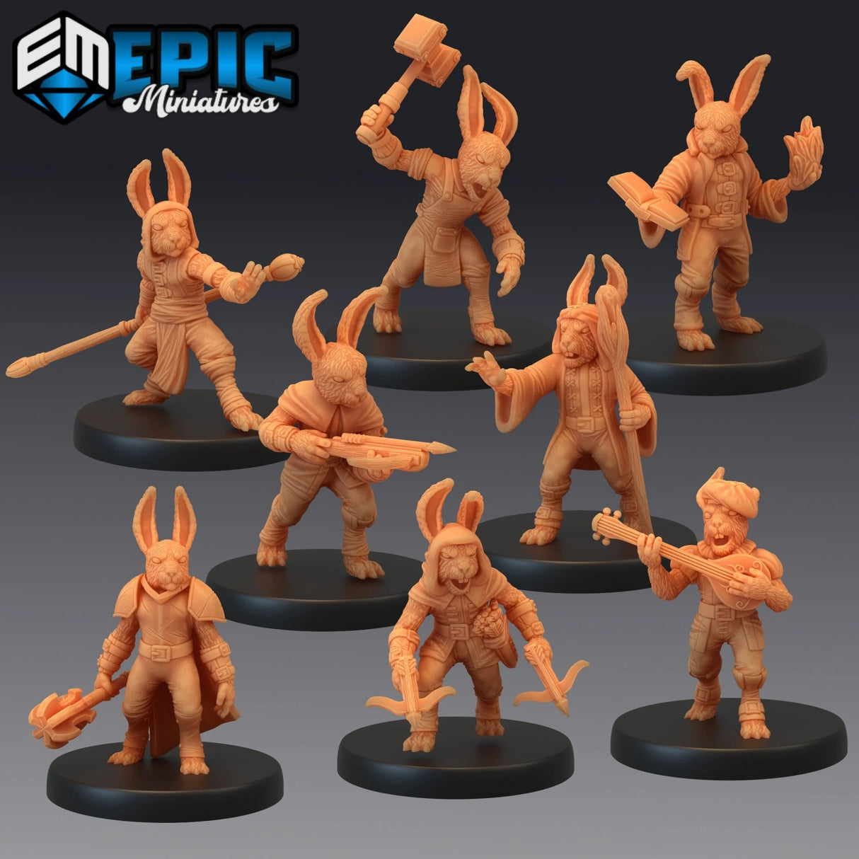 BunnyFolk Miniature | set of 8 - Tabletop RPG & D&D miniature. Perfect for wargaming & collectors