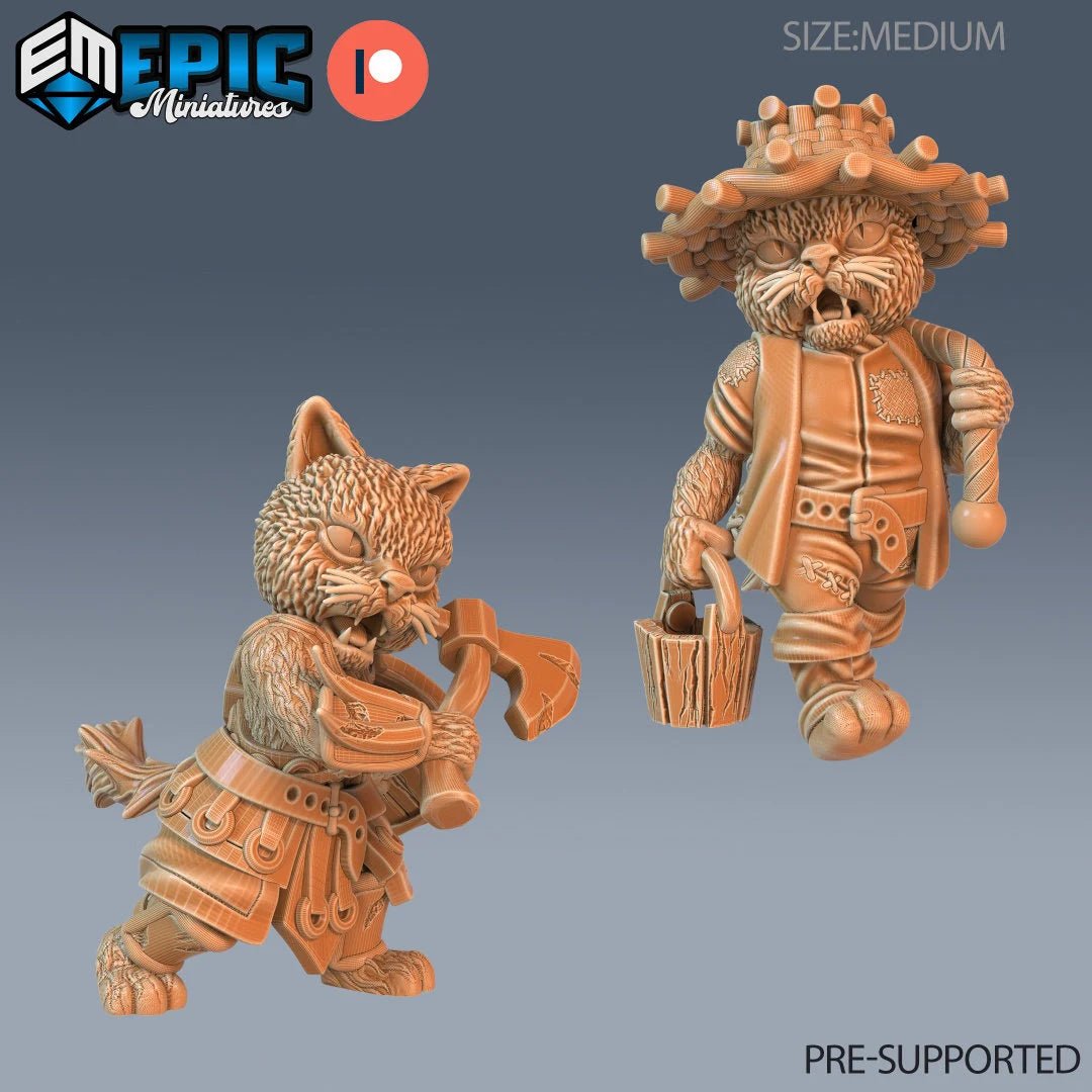 CatFolk Farmer Miniature | Set of 2 - Tabletop RPG & D&D miniature. Perfect for wargaming & collectors