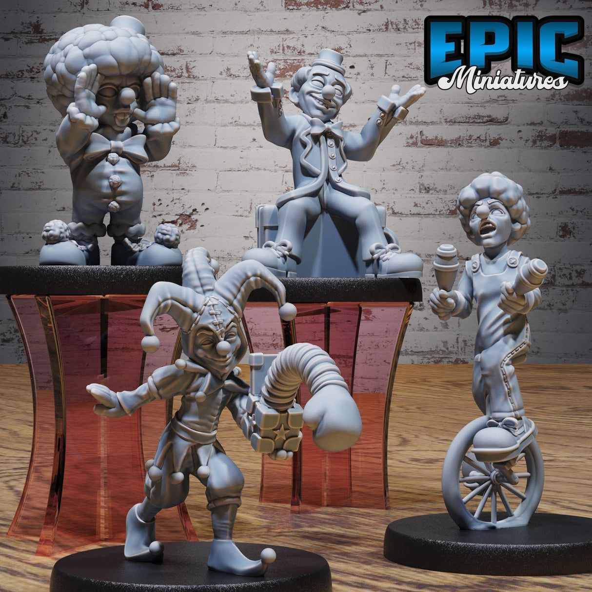 Circus Clown Character Set Miniature | Set of 4 - Tabletop RPG & D&D miniature. Perfect for wargaming & collectors