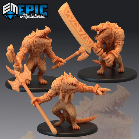 Crocodile Warrior Miniature | Set of 3 - Tabletop RPG & D&D miniature. Perfect for wargaming & collectors