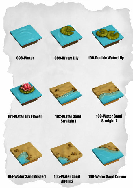Desert Tiles Oasis Water Pack (ET 098 to ET 106) | Set of 9 - Tabletop RPG & D&D miniature. Perfect for wargaming & collectors