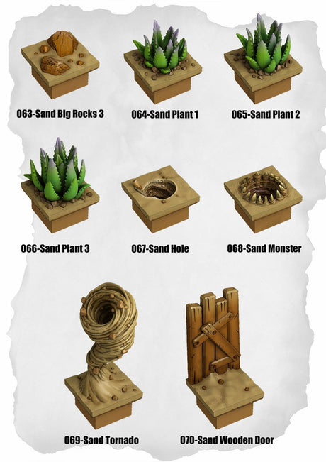 Desert Tiles Sand Plants & Entrance Pack (ET 063 to ET 070) | Set of 8 - Tabletop RPG & D&D miniature. Perfect for wargaming & collectors