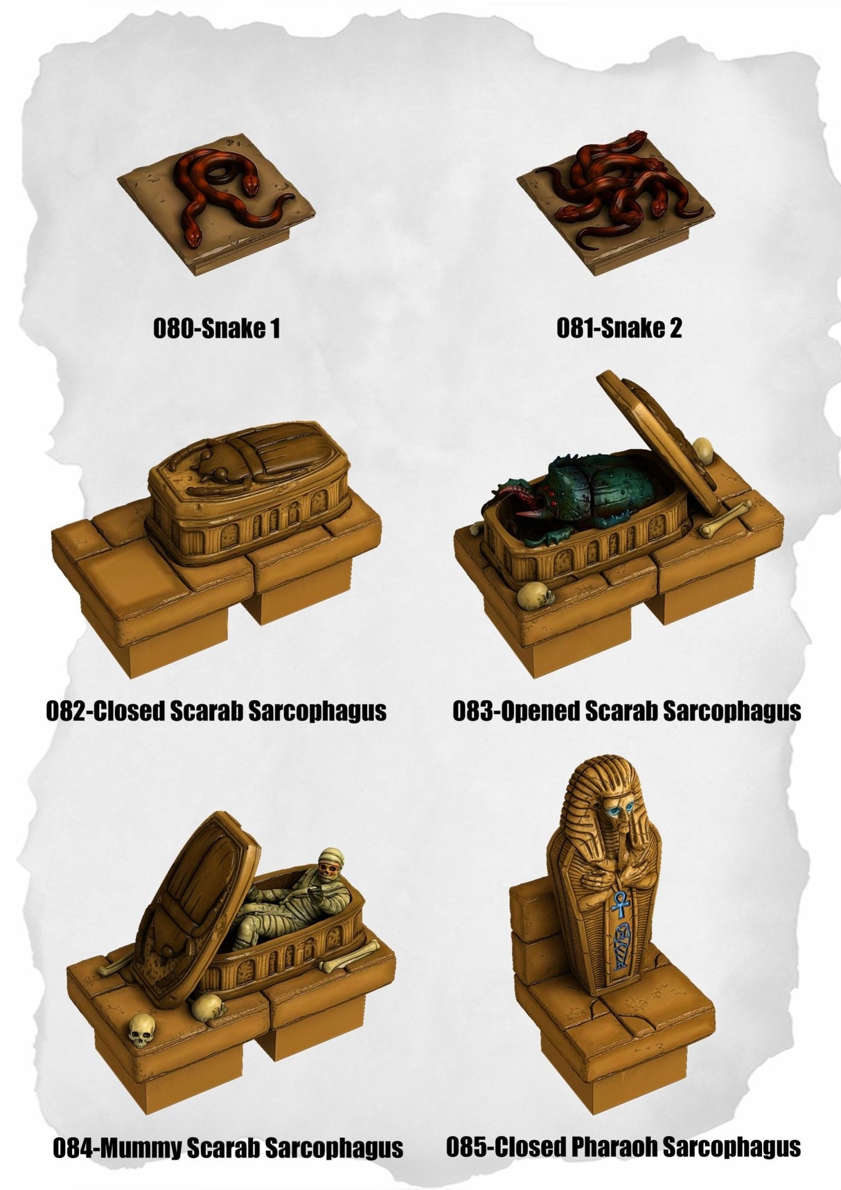 Desert Tiles Snakes & Sarcophagus Pack (ET 080 to ET 085) | Set of 6 - Tabletop RPG & D&D miniature. Perfect for wargaming & collectors