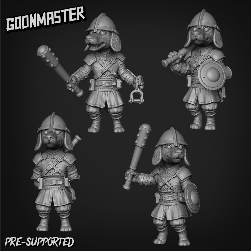 Dog Folk Fighter with helmet Miniature | Set of 4 - Tabletop RPG & D&D miniature. Perfect for wargaming & collectors