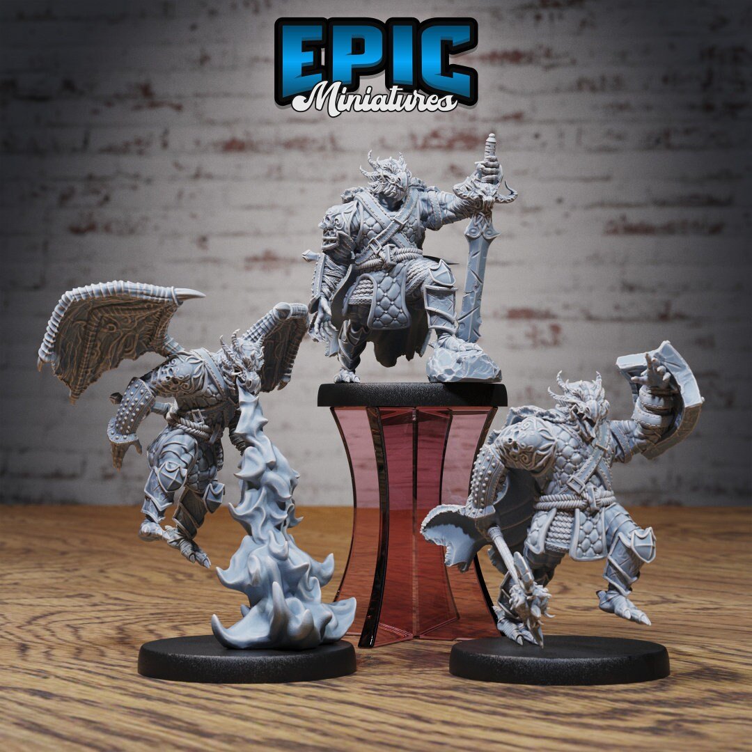 Dragonborn Fighter Miniature | Set of 3 - Tabletop RPG & D&D miniature. Perfect for wargaming & collectors