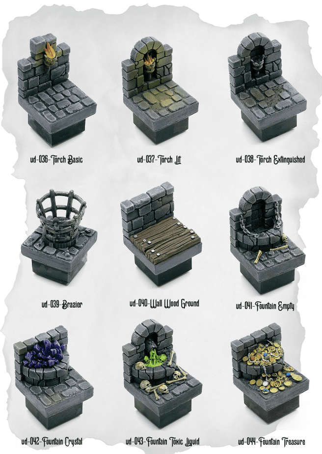 Dungeon Blocks Lighting & Fountain Decor Pack (UD 036 to UD 044) | Set of 9 - Tabletop RPG & D&D miniature. Perfect for wargaming & collectors