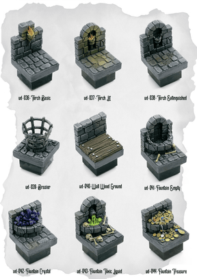 Dungeon Blocks Lighting & Fountain Decor Pack (UD 036 to UD 044) | Set of 9 - Tabletop RPG & D&D miniature. Perfect for wargaming & collectors
