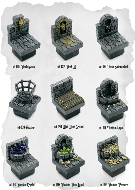 Dungeon Blocks Lighting & Fountain Decor Pack (UD 036 to UD 044) | Set of 9 - Tabletop RPG & D&D miniature. Perfect for wargaming & collectors