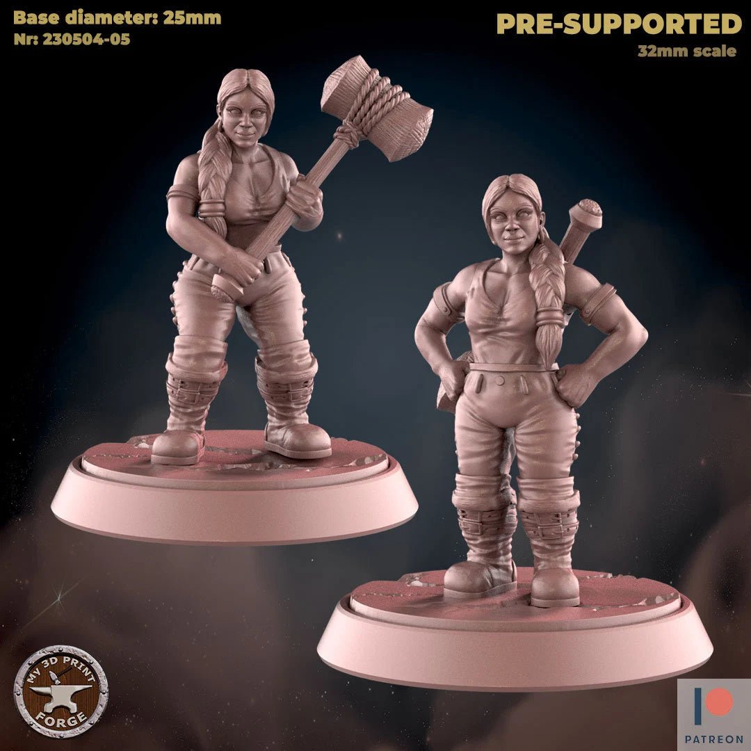 Female Dwarf Builder Miniature - Set of 2 - 28mm