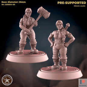 Female Dwarf Builder Miniature | Set of 2 - Tabletop RPG & D&D miniature. Perfect for wargaming & collectors